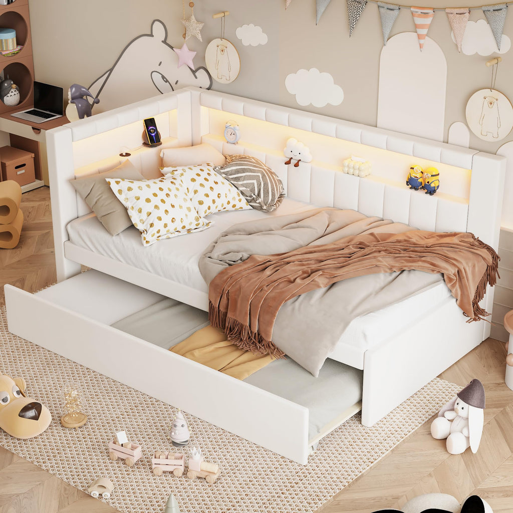 White Linen Upholstered Twin Size Daybed with Trundle and Bookcase Headboard F91803
