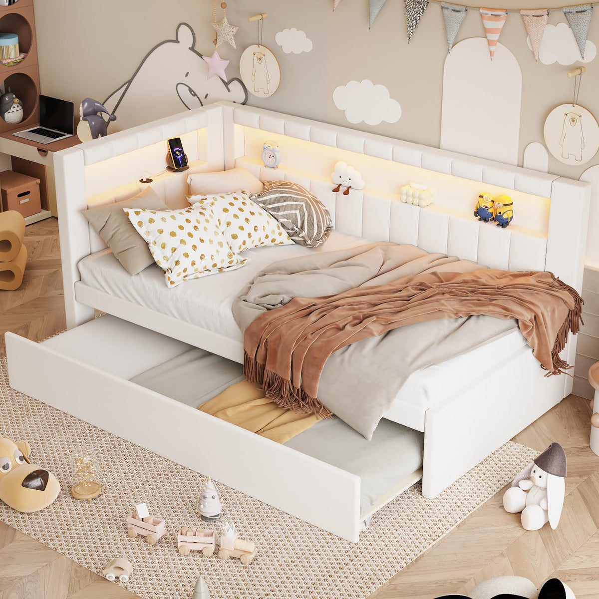 White Linen Upholstered Twin Size Daybed with Trundle and Bookcase Headboard F91803
