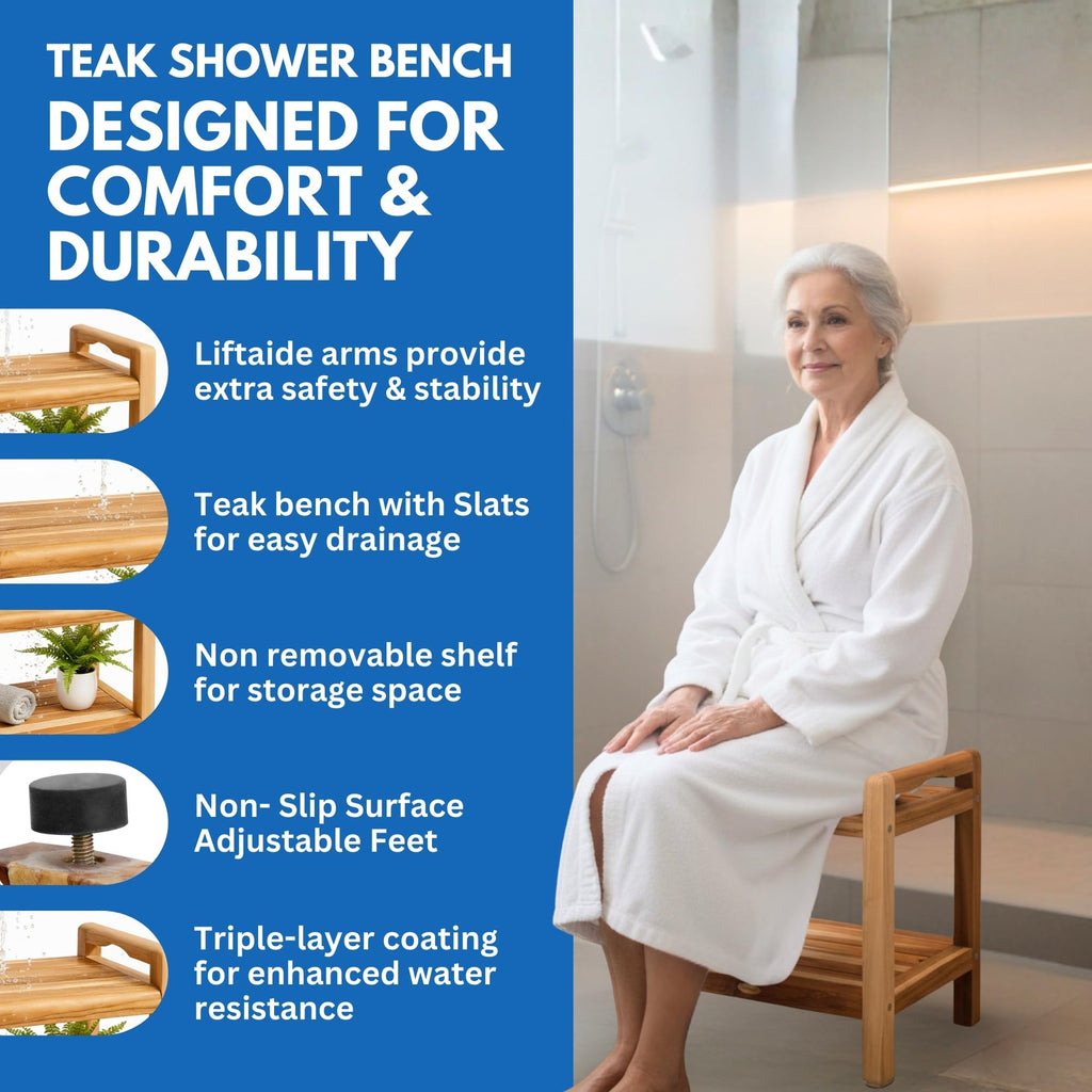 20" Teak Shower Bench with Arms & Storage Shelf O772343