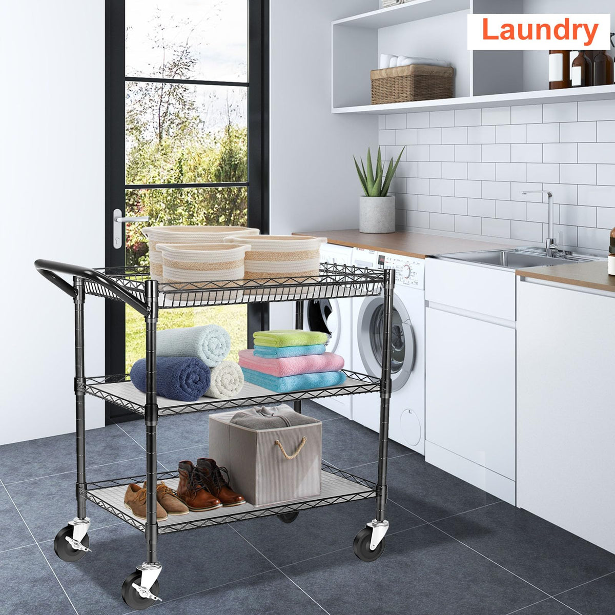 Heavy Duty 3 Tier Rolling Utility Cart with Wheels, Black B5848