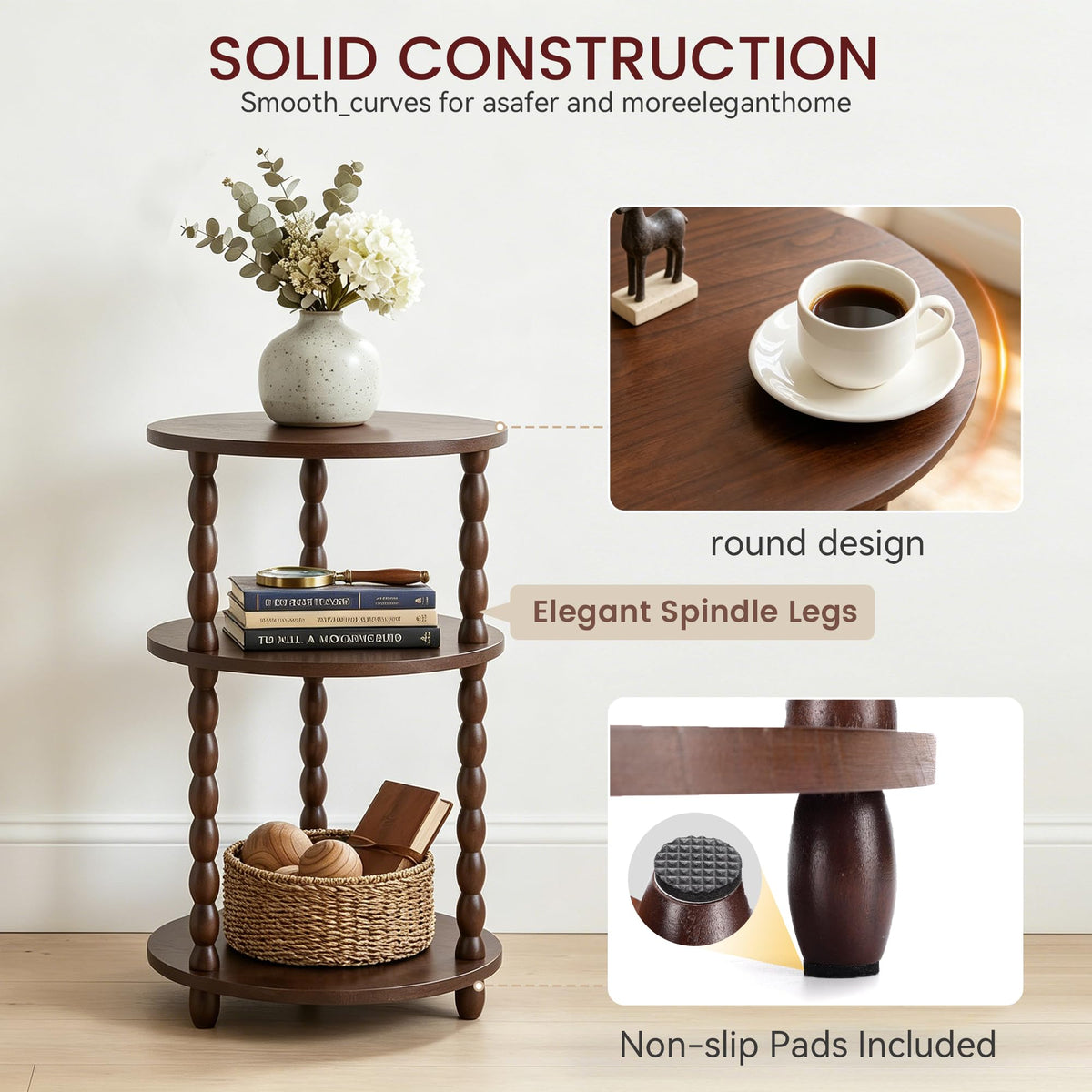 Small Round 3-Tier Solid Wood Side Table with Storage Shelf C874