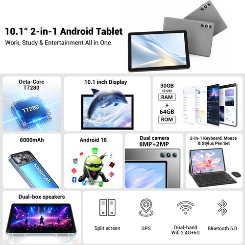 10.1" Android 16 Tablet with Keyboard, 30GB RAM 64GB ROM, Gray R5007