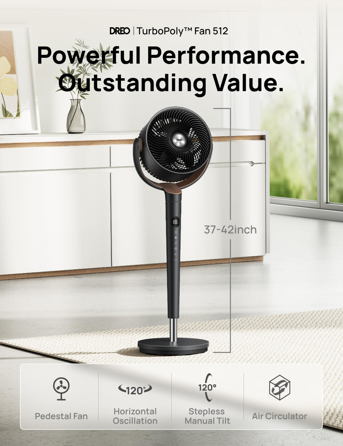 120° Oscillating Standing Fan, Quiet Floor Fan with DC Motor, 9 Speeds, 4 modes, 37-42" Adjustable Height, 9H Timer, Dark Gray E1469