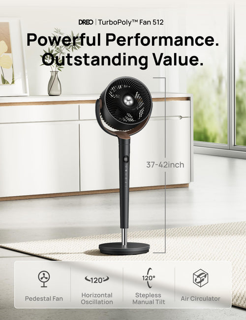 120° Oscillating Standing Fan, Quiet Floor Fan with DC Motor, 9 Speeds, 4 modes, 37-42" Adjustable Height, 9H Timer, Dark Gray E1469
