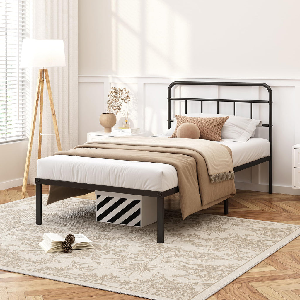 12 inches Twin Bed Frame with Minimalist Headboard, Black U26685