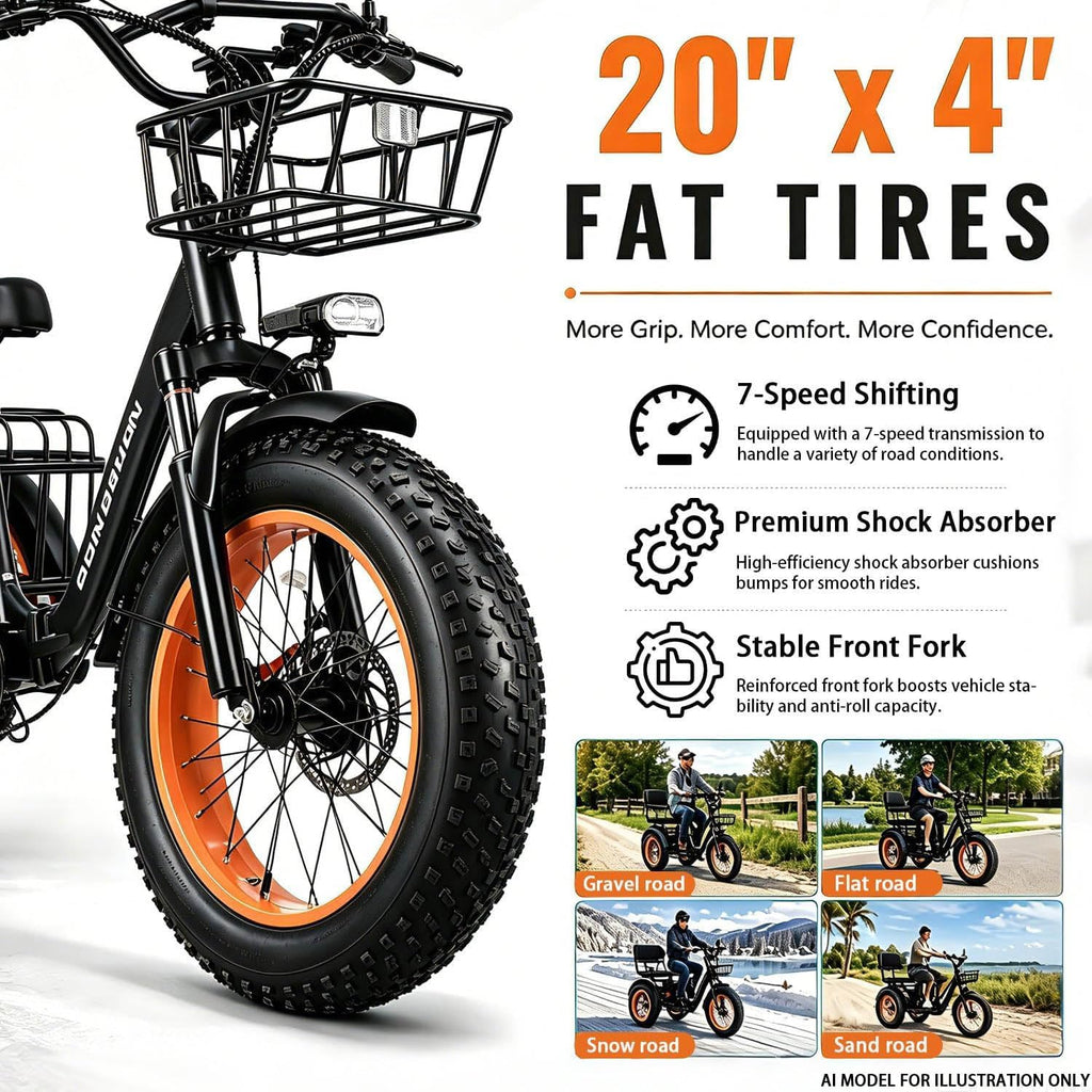 20” Fat Tire Folding 7-Speed Electric Tricycle with Rear Seat L98345