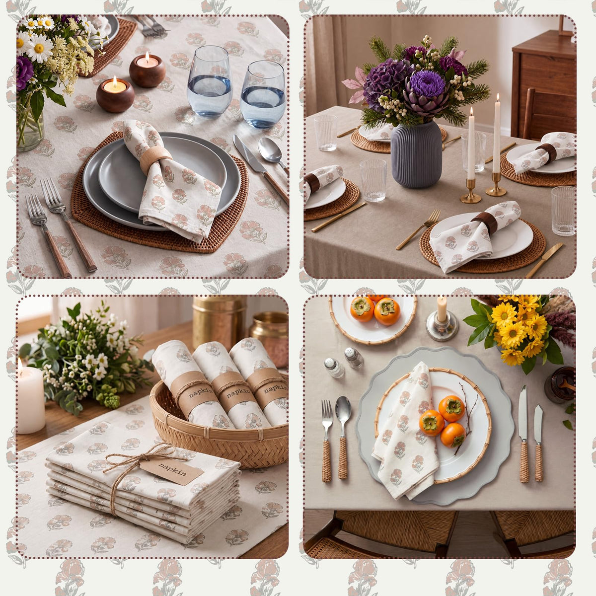 Linen Floral Cloth Napkins Set of 12 B5461