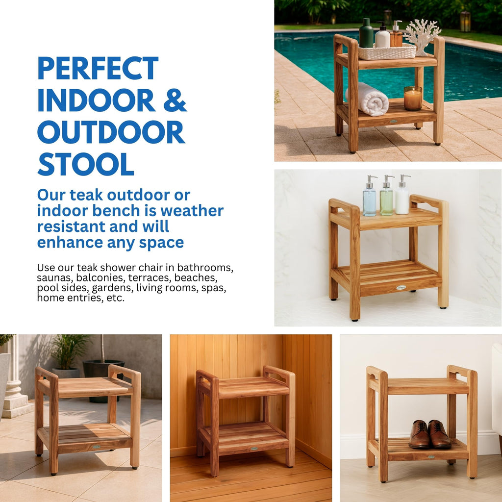 20" Teak Shower Bench with Arms & Storage Shelf O772343
