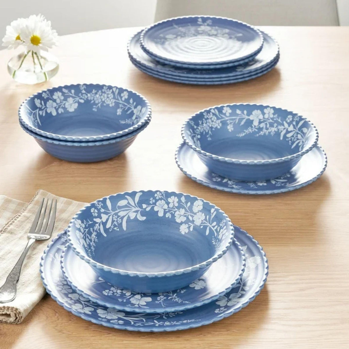 12-Piece Bamboo Melamine Dinnerware Set, Service for 4, Blue U801849