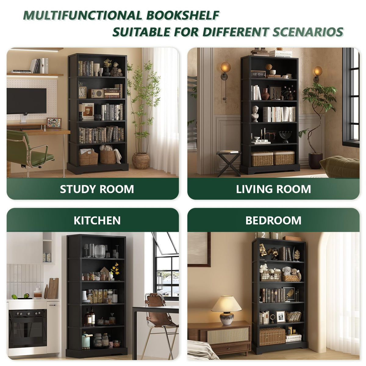 5 Tiers Wooden Bookshelf, 65.2" Tall 31.5" Wide Black Q291