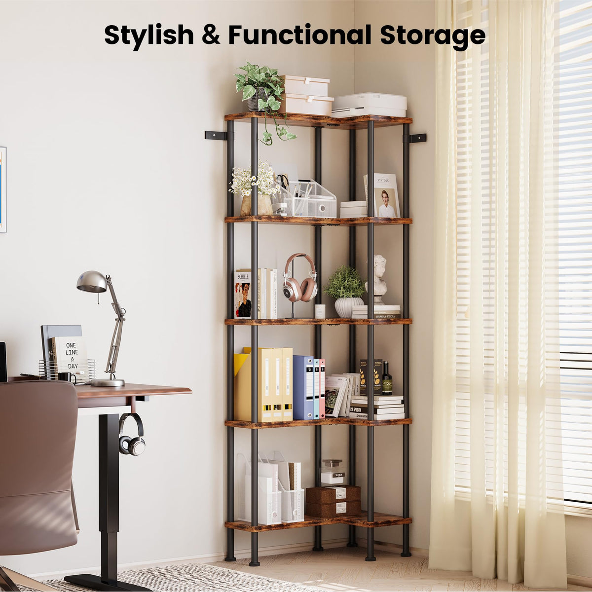 L-Shaped 5-Tier Rustic Brown Bookshelf R41286