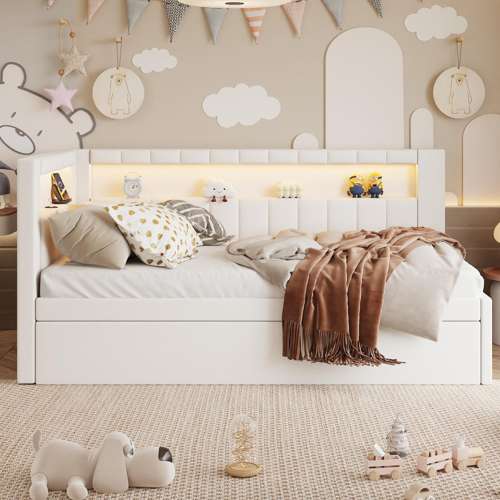 White Linen Upholstered Twin Size Daybed with Trundle and Bookcase Headboard F91803
