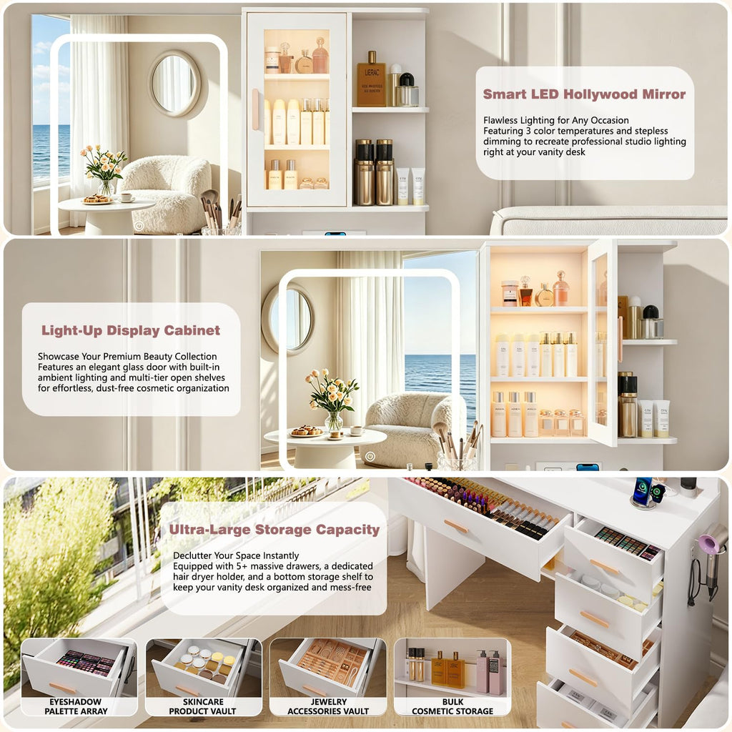 White Vanity Desk with LED Lights Mirror, 5 Drawers, Charging Station & Cushion Stool L3935