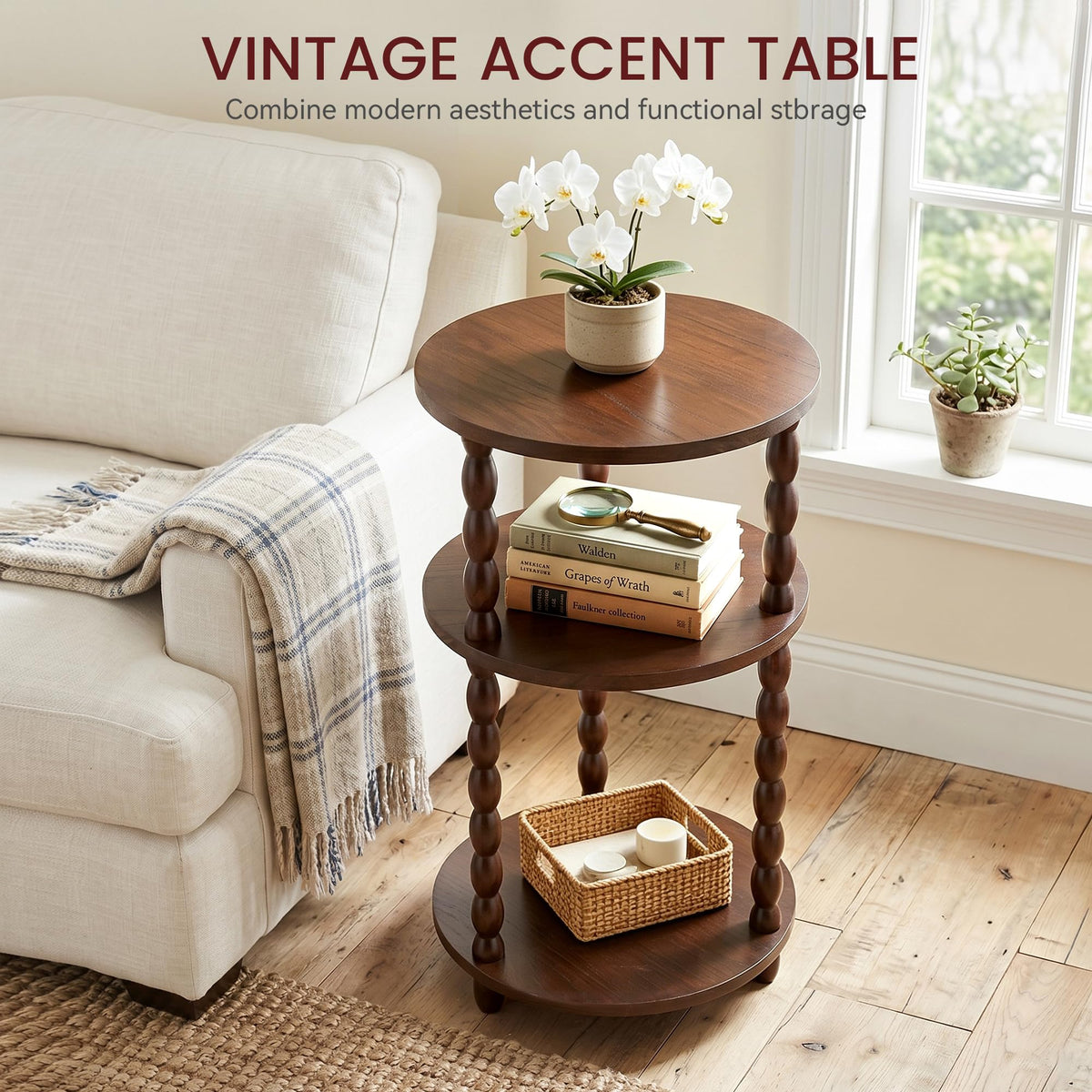 Small Round 3-Tier Solid Wood Side Table with Storage Shelf C874