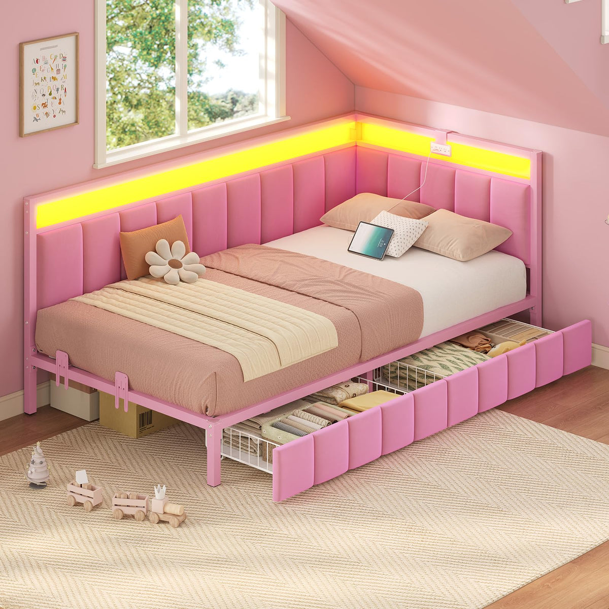 Pink Twin Size Corner Bed Frame with Storage Drawers Z8353