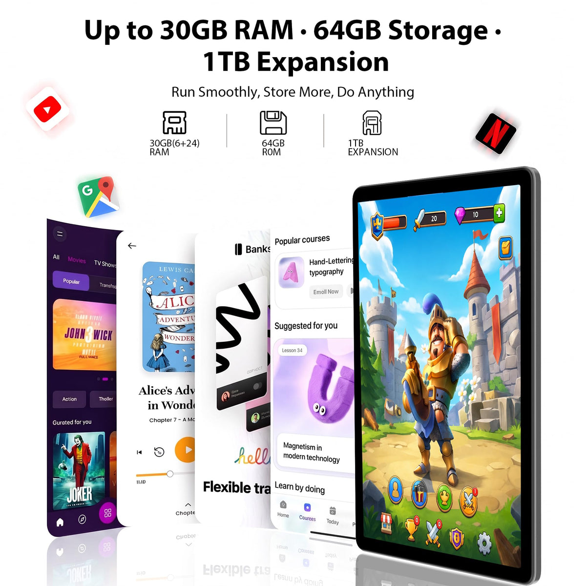 10.1" Android 16 Tablet with Keyboard, 30GB RAM 64GB ROM, Gray R5007