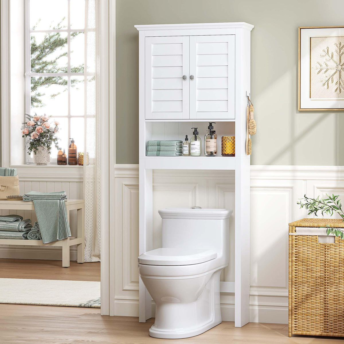 White Over The Toilet Storage Cabinet with Louvered Doors & Hooks G9264