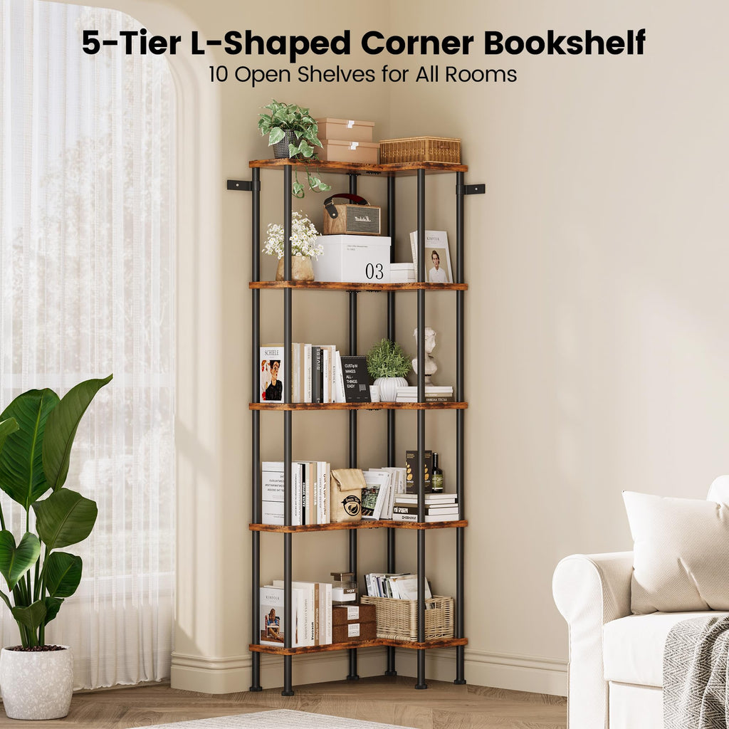 L-Shaped 5-Tier Rustic Brown Bookshelf R41286