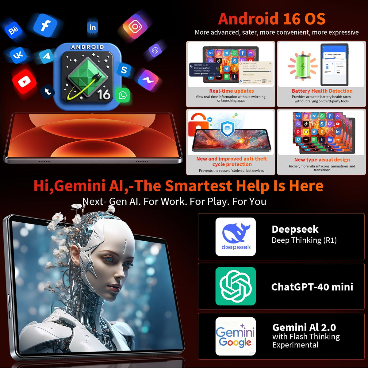 Black Android 16 Tablet with Keyboard C670