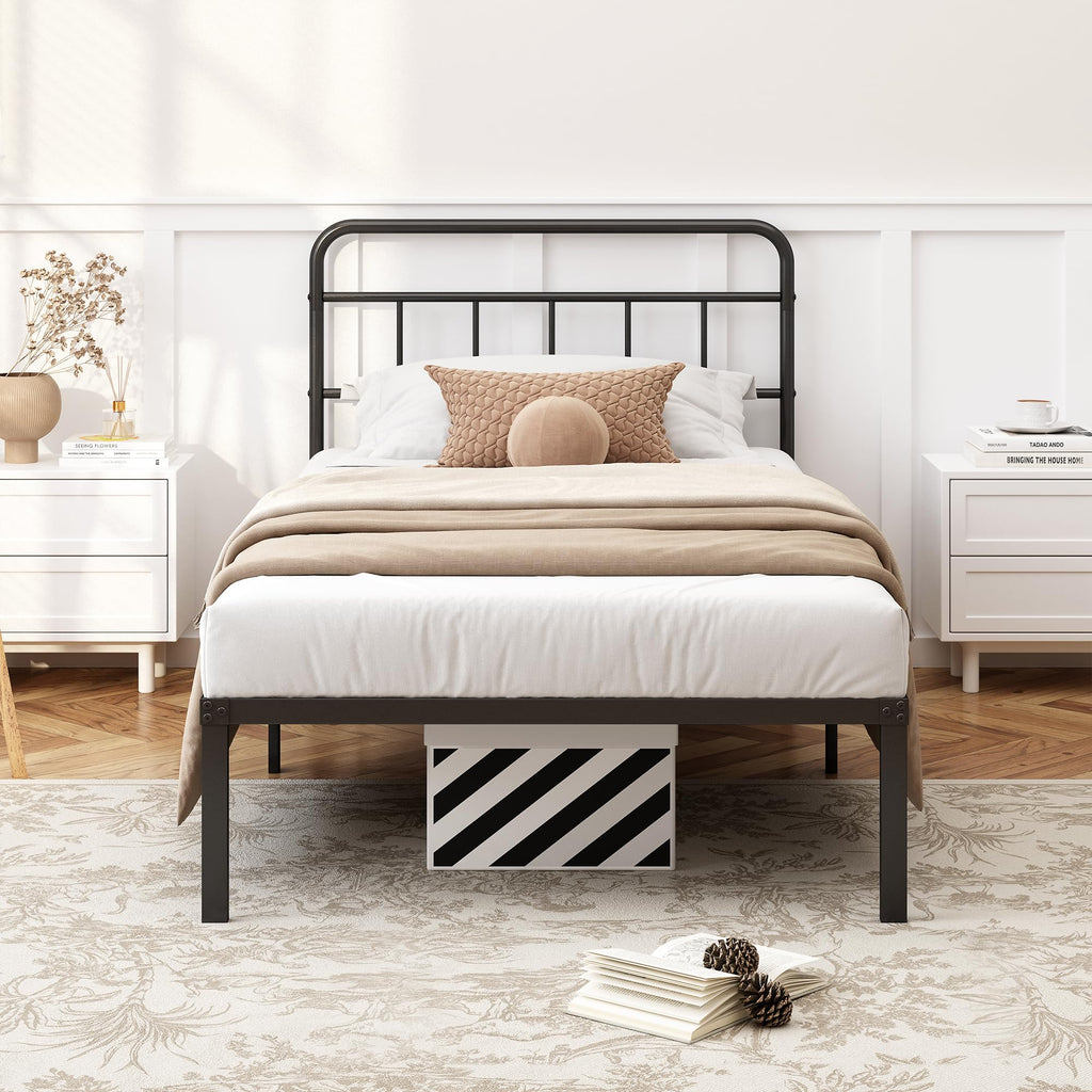 12 inches Twin Bed Frame with Minimalist Headboard, Black U26685