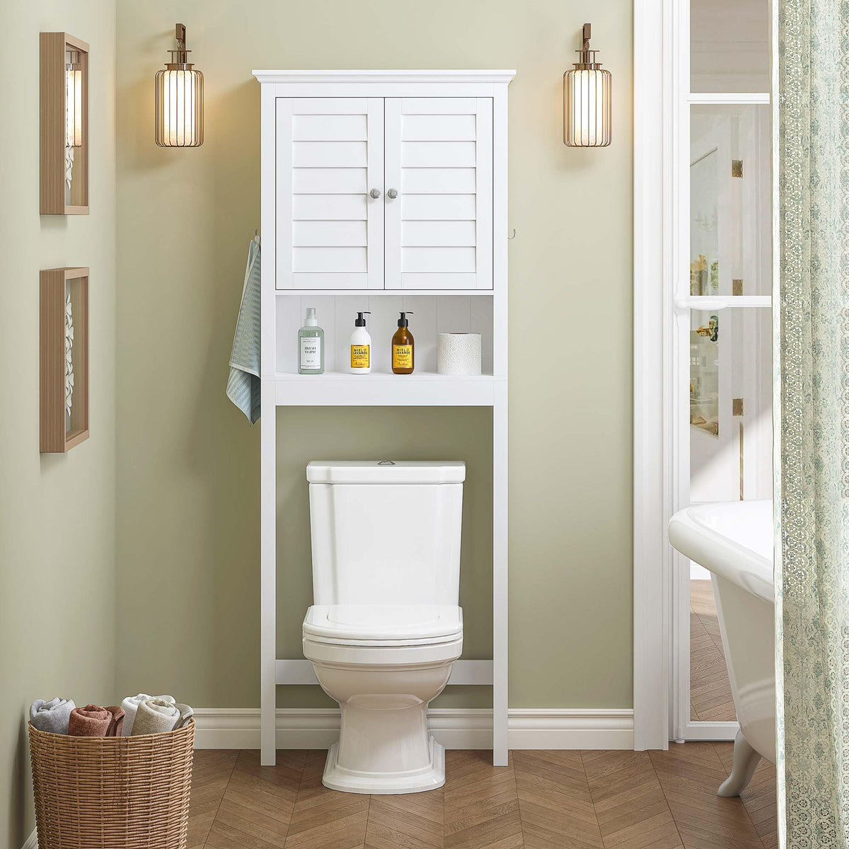 White Over The Toilet Storage Cabinet with Louvered Doors & Hooks G9264