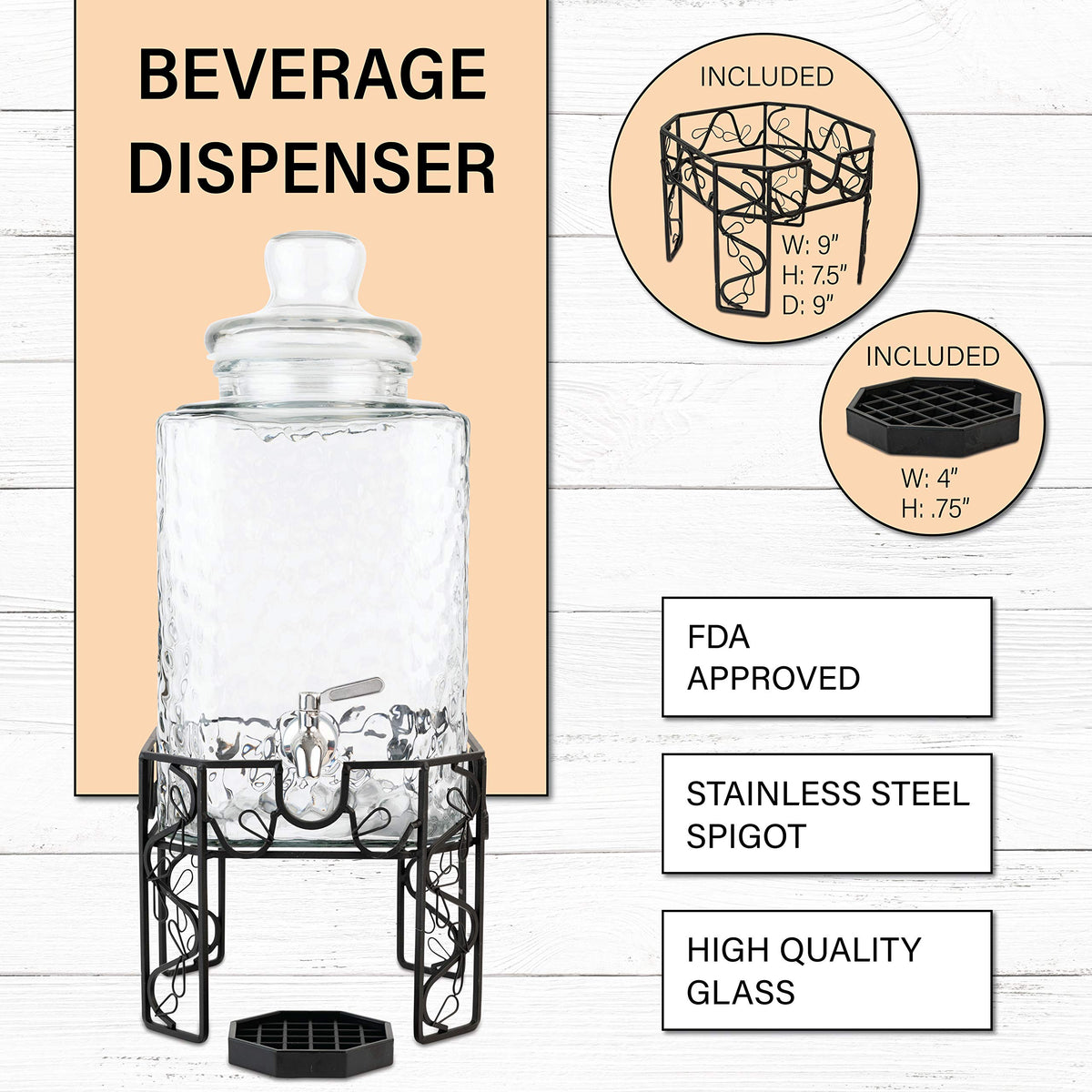 2.5 Gallon Glass Beverage Dispenser with Stainless Steel Spigot H86405