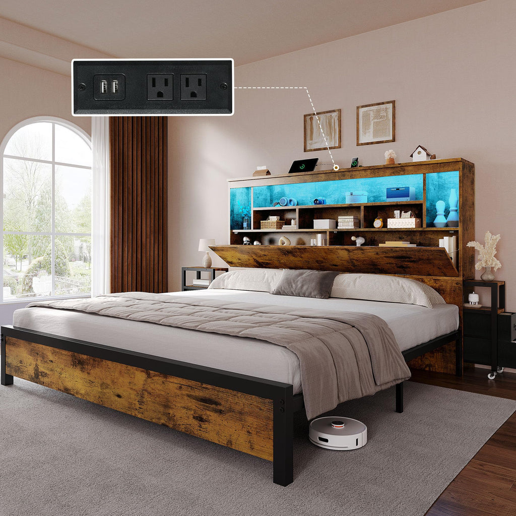 Queen Size Bed Frame with Storage Bookcase Headboard O90335