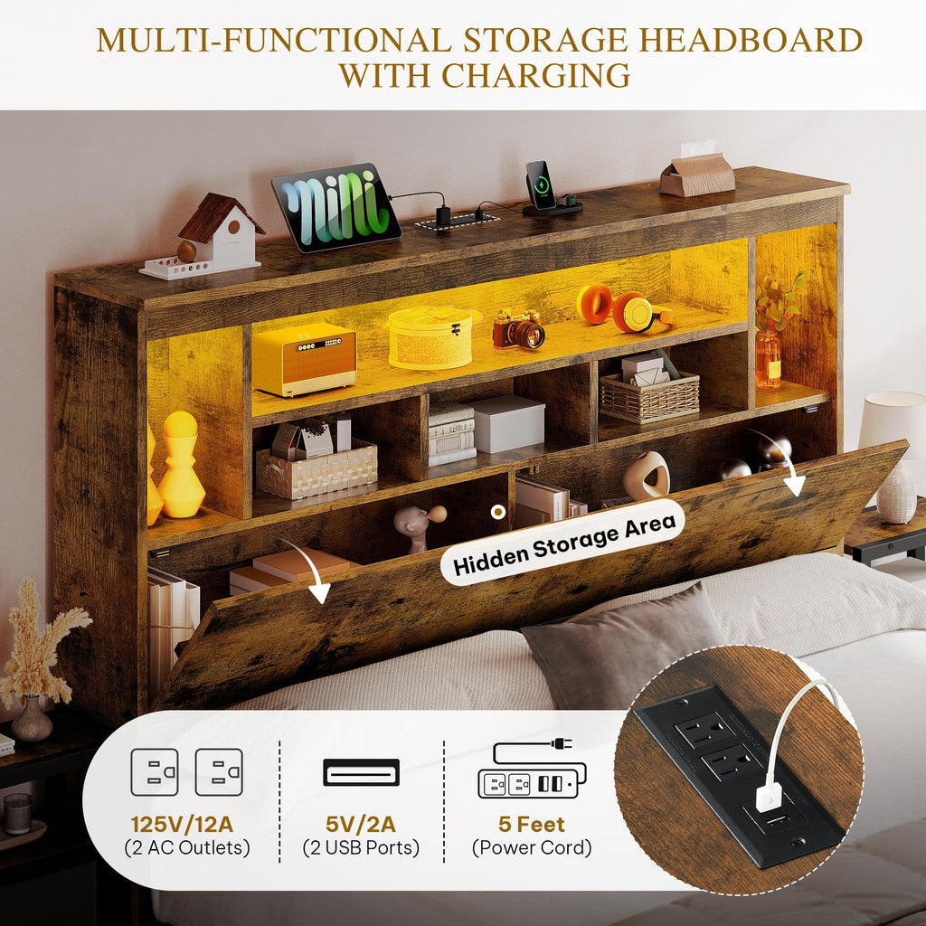 Queen Size Bed Frame with Storage Bookcase Headboard O90335