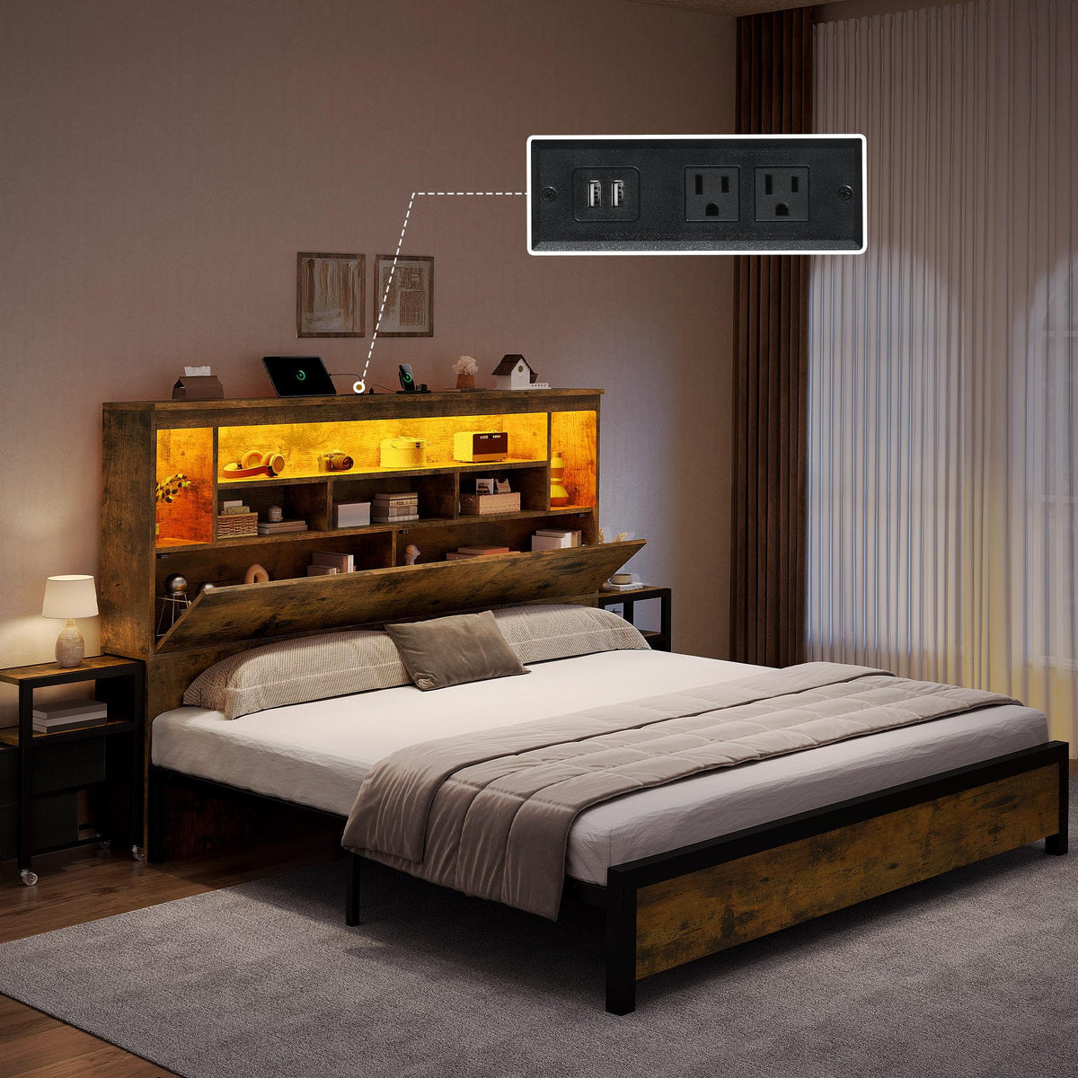 Queen Size Bed Frame with Storage Bookcase Headboard O90335