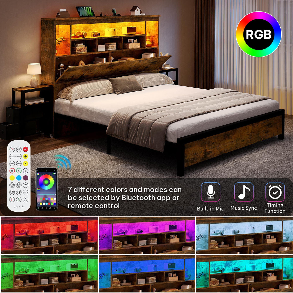 Queen Size Bed Frame with Storage Bookcase Headboard O90335