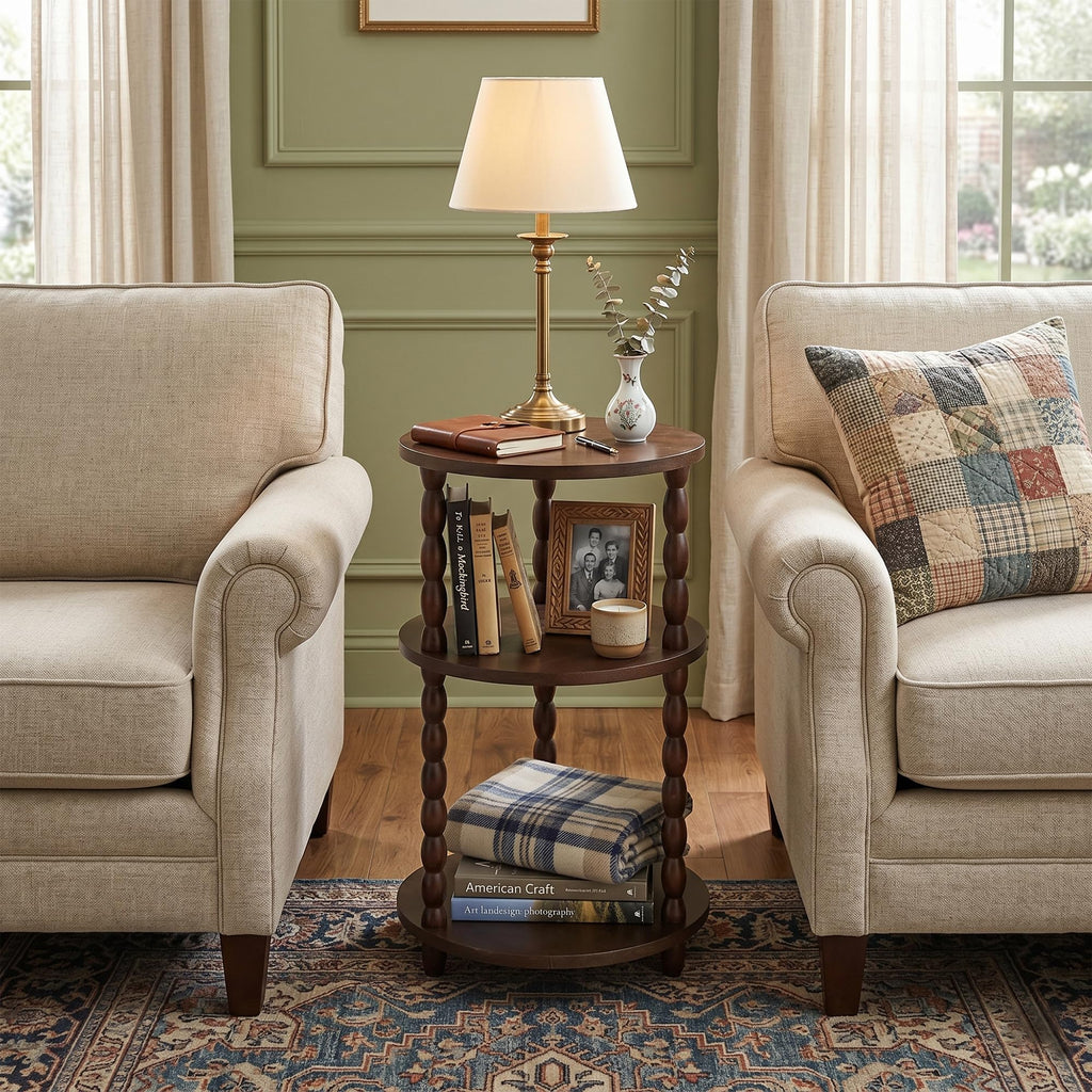 Small Round 3-Tier Solid Wood Side Table with Storage Shelf C874